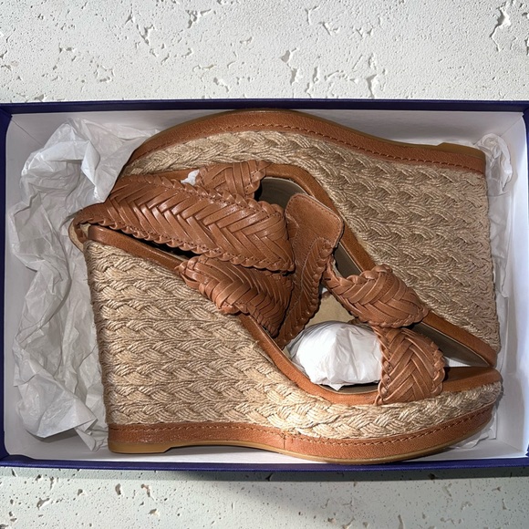 STUART WEITZMAN Elixir Wedge Sandals in Adobe Vecchio Nappa Leather (Size 10) - Picture 7 of 9
